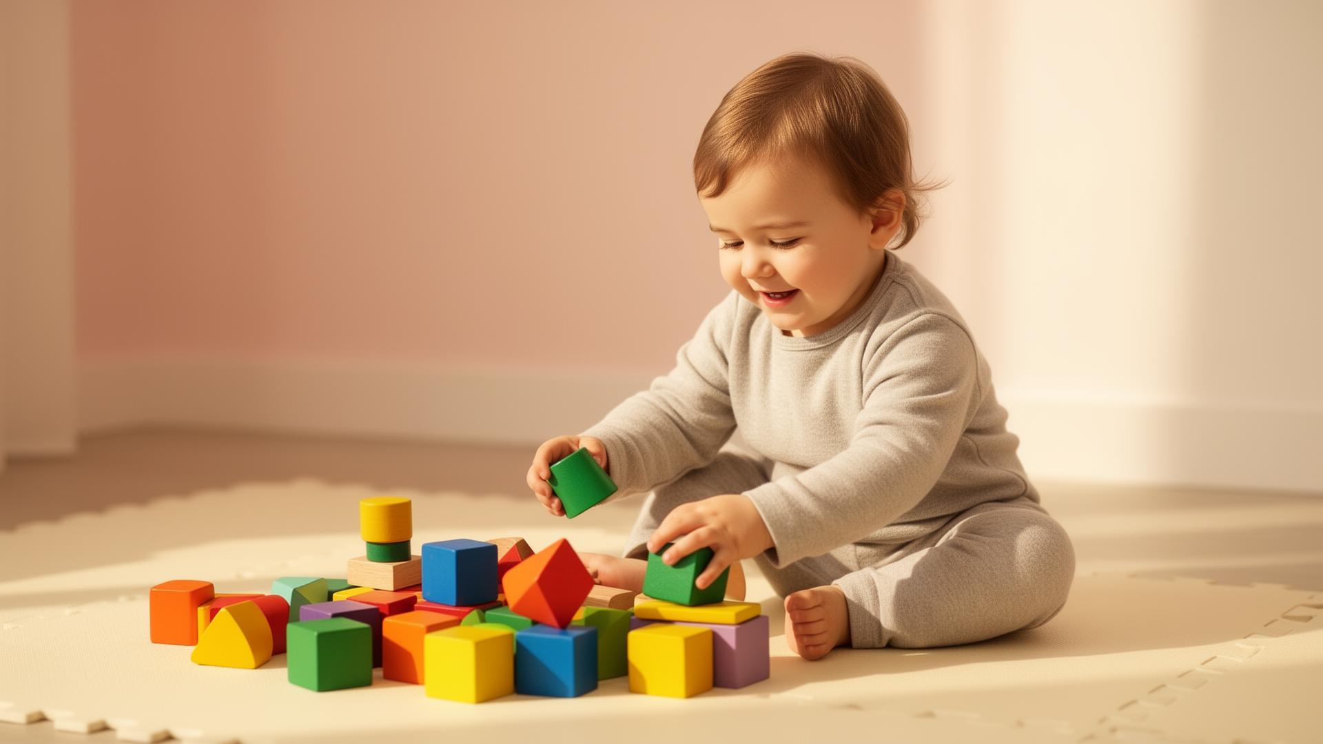Happy child engaged in purposeful developmental play with colorful wooden toys